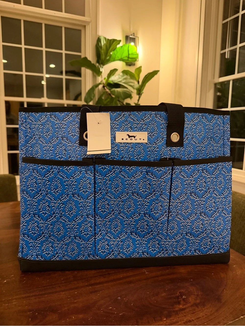Scout Blue Patterned Tote with Black Straps and Interior Zip